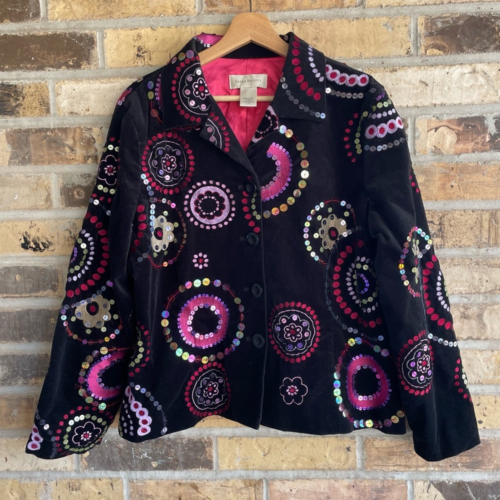 Susan Bristol Black Velvet Jacket with Pink and Multicolor Sequin Circles